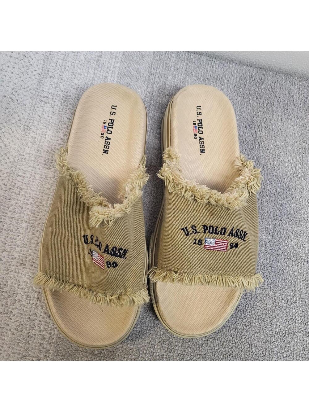 U.S. Polo Assn. slide sandals beige canvas upper frayed  edges sz 7 women's